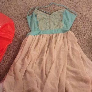 Teal and tan backless cross cross dress